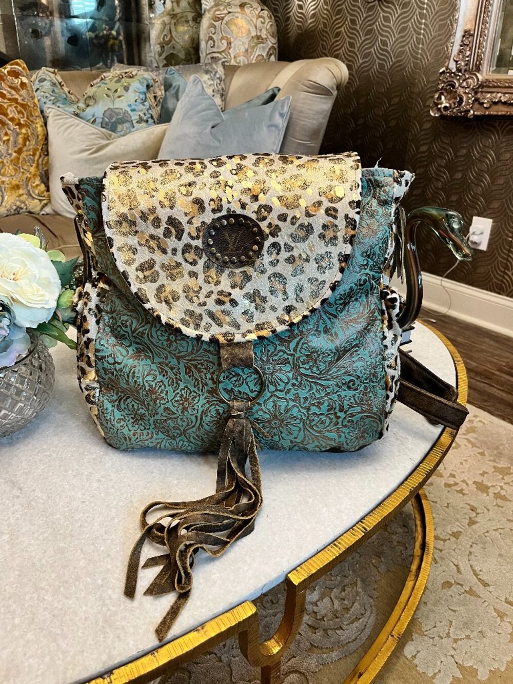 Keep it Gypsy turquoise embossed leather leopard cowhide handbag